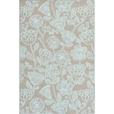 Mad Mats Floral Hand Hooked Tan/aqua Indoor / Outdoor Area Rug In Blue;tan