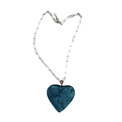 Mad Shoes Women's Blue / Silver Mad Ocean Sterling Silver Necklace With Statement Glass Heart Pendant Adorned 