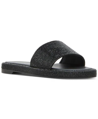Madden Girl Addiie Rhinestone Platform Slide Sandals In Black Rhinestone