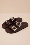 Madden Girl Bodiee Dark Brown Patent Buckle Slide Sandals In Brown