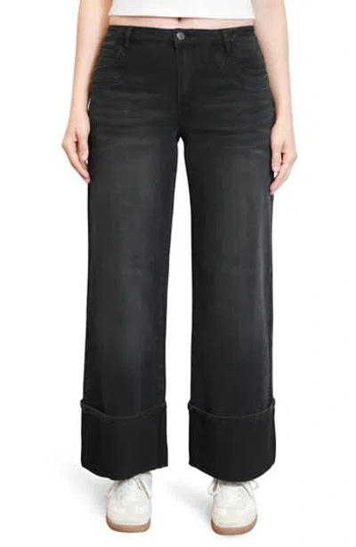Madden Girl Bow Back Cuffed Slouchy Wide Leg Jeans In Black