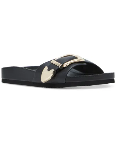 Madden Girl Brookk Buckled Footbed Slide Flat Sandals In Black Smooth