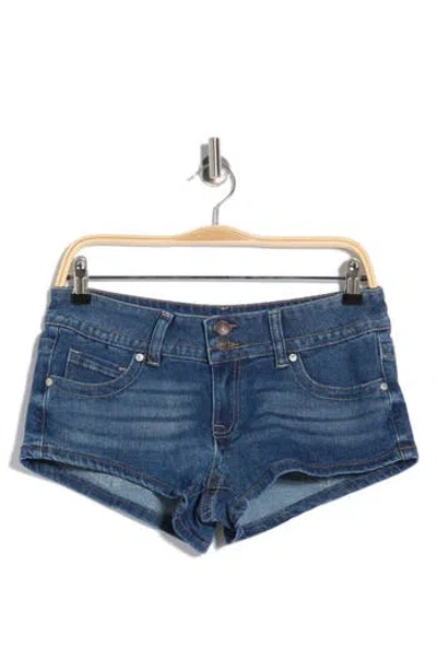 Madden Girl Button Flap Micro Mini Denim Shorts In Blue