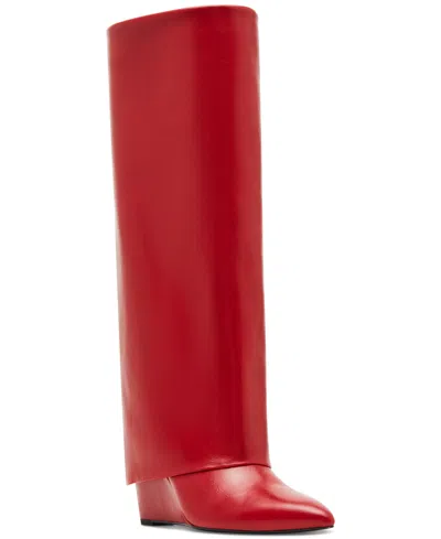 Madden Girl Evander Fold-over Cuffed Knee High Wedge Dress Boots In Red