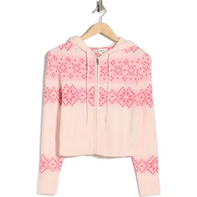 Madden Girl Fair Isle Jacquard Zip Front Hooded Cardigan In Pink