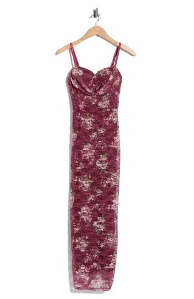 Madden Girl Floral Lace Cowl Neck Bustier Midi Dress In Burgundy