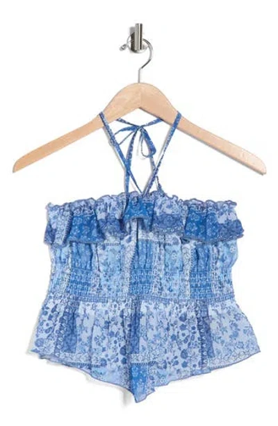 Madden Girl Floral Smocked Convertible Strapless Crop Top In Blue