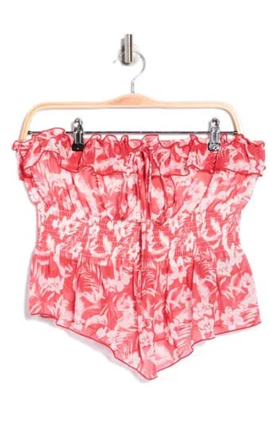 Madden Girl Floral Smocked Convertible Strapless Crop Top In Red
