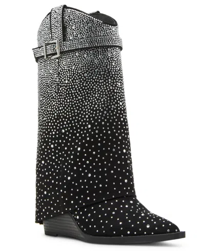 Madden Girl Joe-r Cuffed Wedge Western Dress Booties In Black Rhinestone Multi
