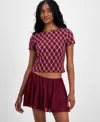 Madden Girl Juniors' All Over Print Smocked Short-sleeve Top In Burgundy