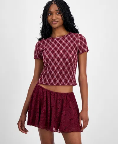 Madden Girl Juniors' All Over Print Smocked Short-sleeve Top In Burgundy