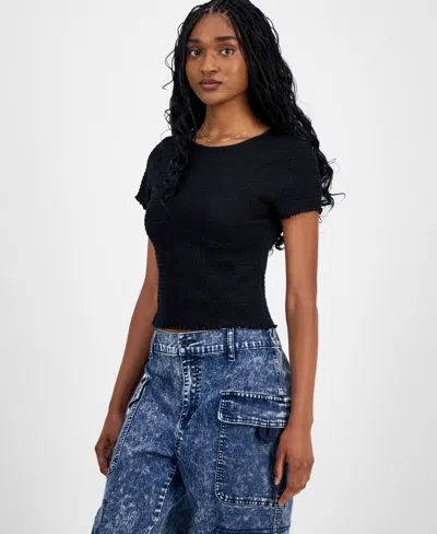 Madden Girl Juniors' All Over Smocked Short-sleeve Top In Black