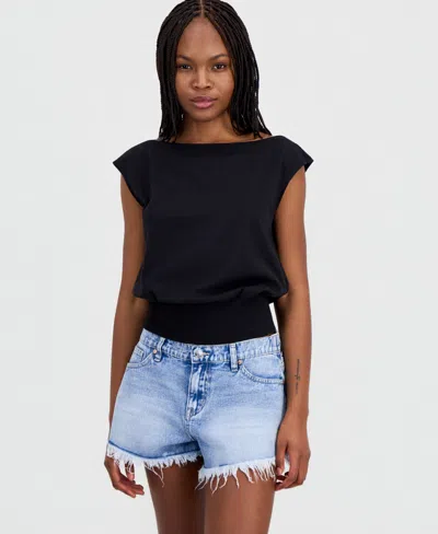 Madden Girl Juniors' Banded-hem Boat-neck Top In Black