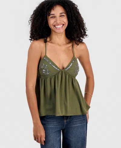 Madden Girl Juniors' Beaded Babydoll Camisole In Green