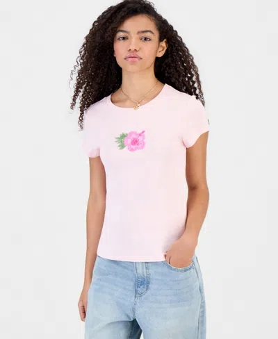 Madden Girl Juniors' Beaded Hibiscus Flower Short-sleeve Tee In Pink