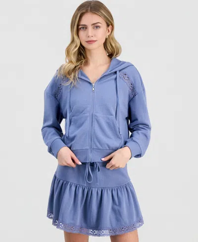 Madden Girl Juniors' Crochet Long-sleeve Hoodie In Blue