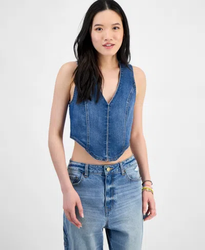 Madden Girl Juniors' Denim Hook-front Corset Top In Medium Wash