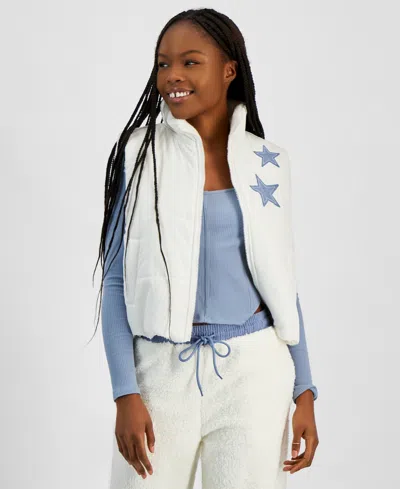 Madden Girl Juniors' Denim Patch Sherpa Lined Puffer Vest In Ivory