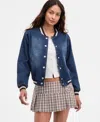 Madden Girl Juniors' Denim Varsity Bomber Jacket In Blue