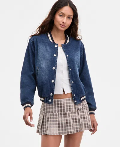 Madden Girl Juniors' Denim Varsity Bomber Jacket In Blue