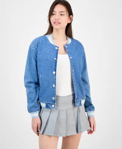 Madden Girl Juniors' Denim Varsity Bomber Jacket In Brown