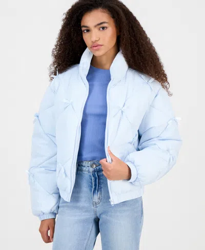 Madden Girl Juniors' Diamond Quilted Bow Puffer Jacket In Blue