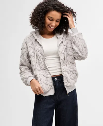 Madden Girl Juniors' Embossed Cable Zip-up Hoodie In Gray