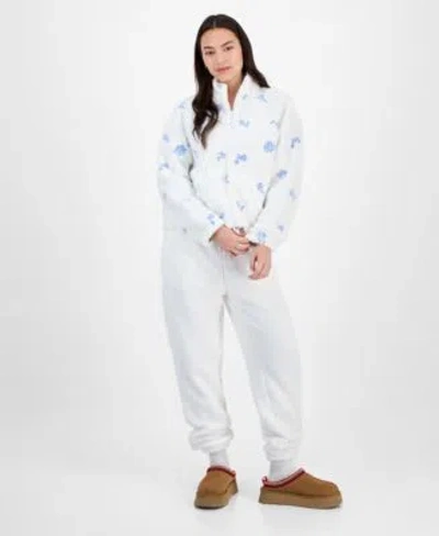 Madden Girl Juniors Embroidered Zip Up Sherpa Jacket Sherpa Joggers In Blue