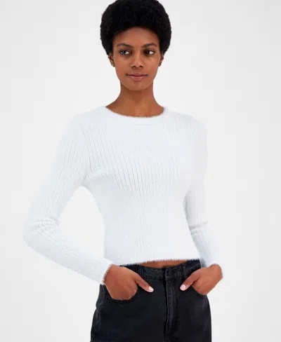 Madden Girl Juniors' Lurex Eyelash Crewneck Sweater In Bright White