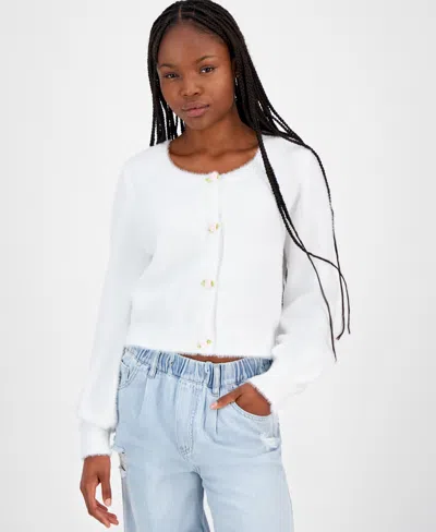 Madden Girl Juniors' Eyelash Rose-button Cardigan In Bright White