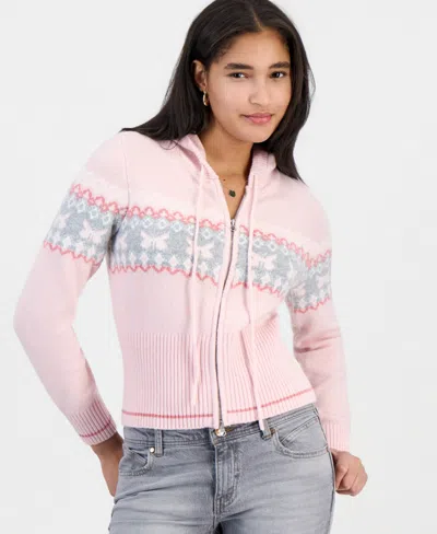 Madden Girl Juniors' Fair Isle Double Zip Hooded Cardigan In Pink