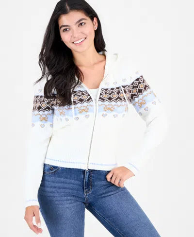 Madden Girl Juniors' Fair Isle Double Zip Hooded Cardigan In White