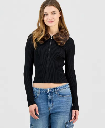 Madden Girl Juniors' Faux-fur-collar Zip-up Sweater In Black