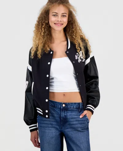 Madden Girl Juniors' Faux-leather-sleeve Bomber Jacket In Black