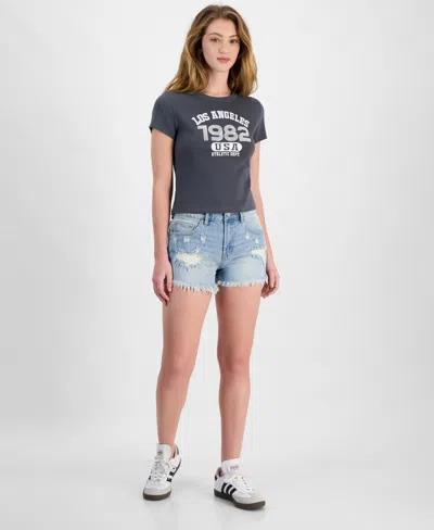 Madden Girl Juniors' Festival High-rise Distressed Shorts In Light Wash