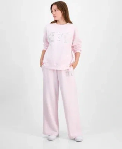 Madden Girl Juniors Fleece Patch Crewneck Sweatshirt Fleece Patch Wide Leg Sweatpants In Pink