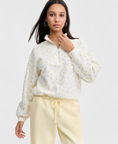 Madden Girl Juniors' Floral Print Quarter-zip Sweatshirt In White