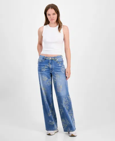 Madden Girl Juniors' Floral-print Ultra 90's Jeans In Blue