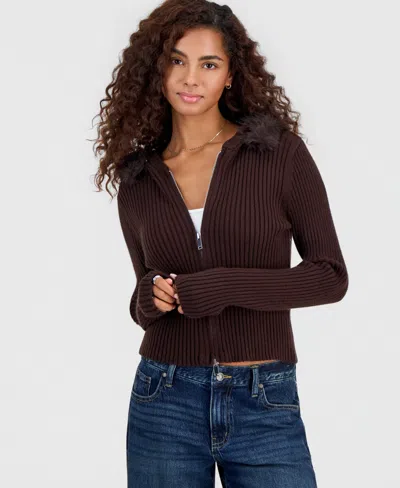 Madden Girl Juniors' Full-zip Hooded Faux Fur Trim Cardigan In Brown