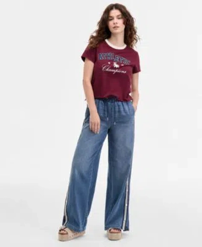 Madden Girl Juniors Graphic Print Crewneck T Shirt Pull On Side Snap Wide Leg Jeans