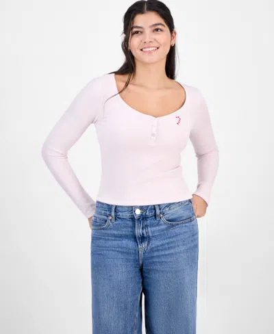 Madden Girl Juniors' Hacci Embroidered Long-sleeve Henley In Pink
