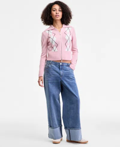 Madden Girl Juniors' High-rise Cuffed Bow-embroidery Jeans In Blue