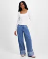 Madden Girl Juniors' High-rise Cuffed Bow-embroidery Jeans In Brown