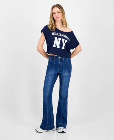 Madden Girl Juniors' High-rise Front Seam Flare-leg Jeans In Dark Wash
