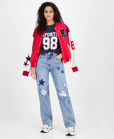 Madden Girl Juniors' High-rise Star-patch Straight-leg Jeans In Blue