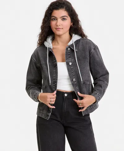 Madden Girl Juniors' Hooded Denim Jacket In Black