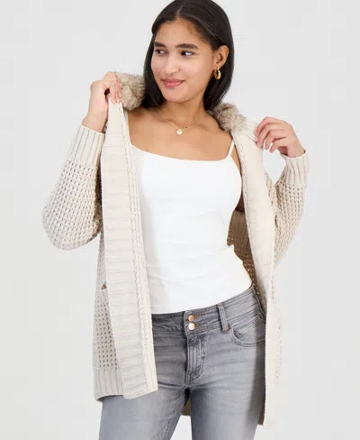 Madden Girl Juniors' Hooded Open-front Faux-fur-lined Cardigan In Neutral