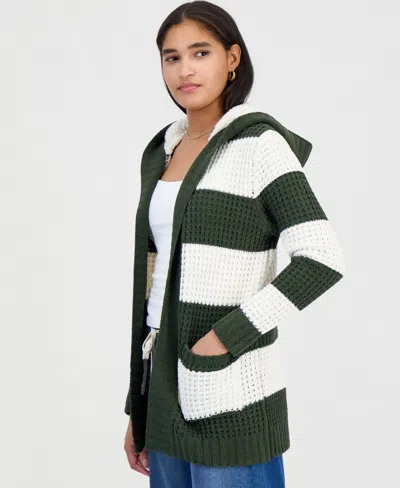 Madden Girl Juniors' Hooded Sherpa Striped Cardigan In Green