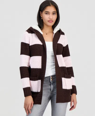 Madden Girl Juniors' Hooded Sherpa Striped Cardigan In Multi