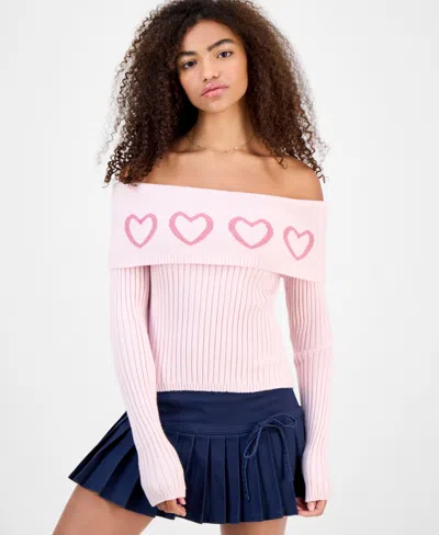 Madden Girl Juniors' Jacquard-heart Off-the-shoulder Sweater In Animal Print